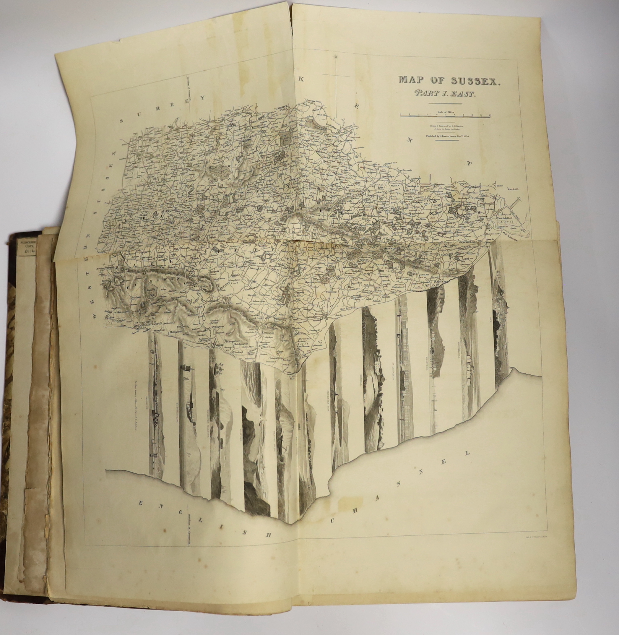 Horsfield, Thomas Walker - The History, Antiquities, and Topography of the County of Sussex, 2 vols, 2 folding maps, 56 copper plates and 80 wood engravings, 4to, publishers maroon half morocco, joints crudely repaired,